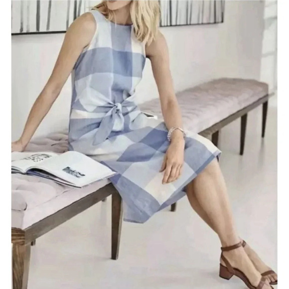 J Jill Love Linen Blue Gingham Tie front Dress Size Medium Petite - Picture 3 of 11